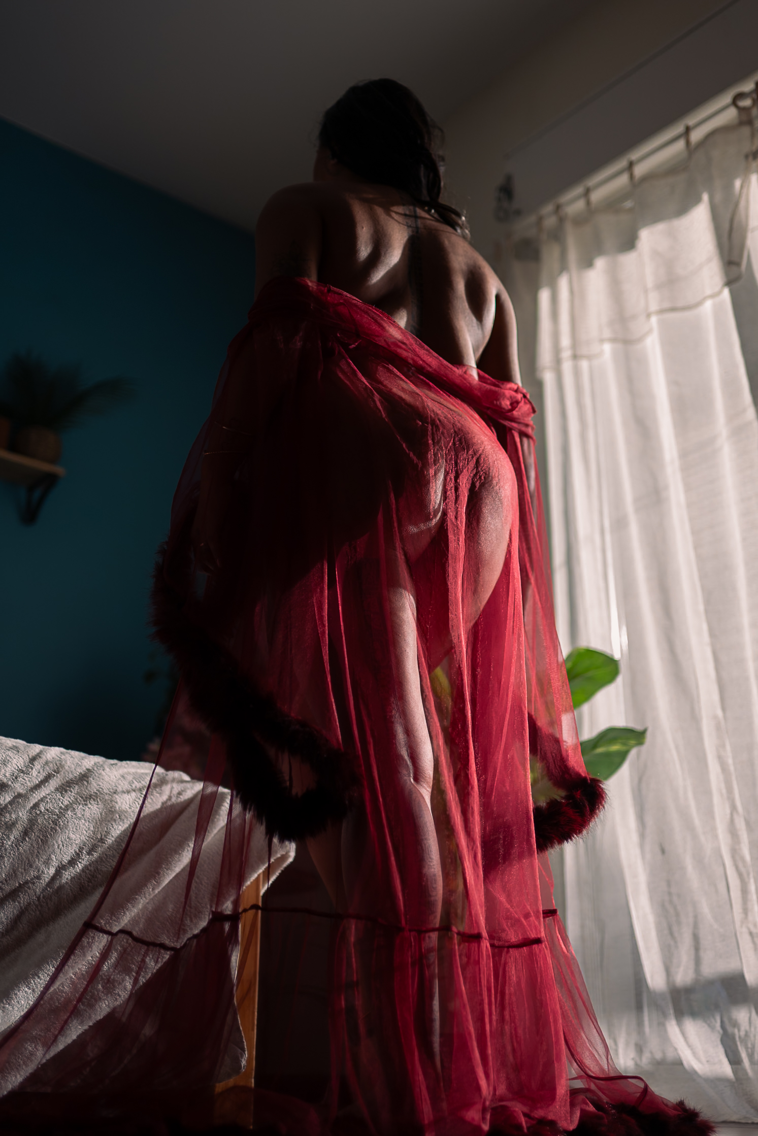 Dos nu robe rouge transparente boudoir